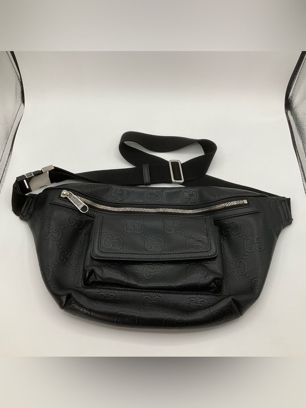 Gucci 645093 Front Pocket Black Belt Bag GG Embossed